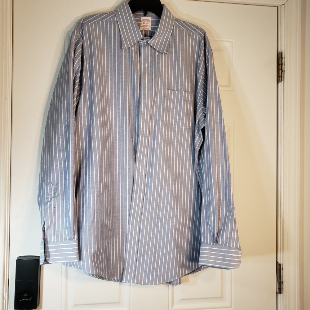 BROOK BROTHERS MADISON 100% COTTON BLUE/WHITE STRIPE MEN LONGSLEEVE 171/2 -30